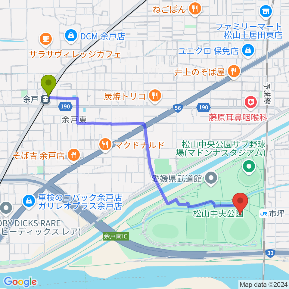 余戸駅から坊っちゃんスタジアムへのルートマップ地図