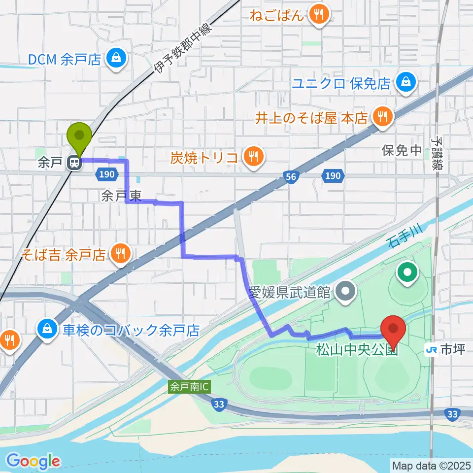 余戸駅から坊っちゃんスタジアムへのルートマップ地図