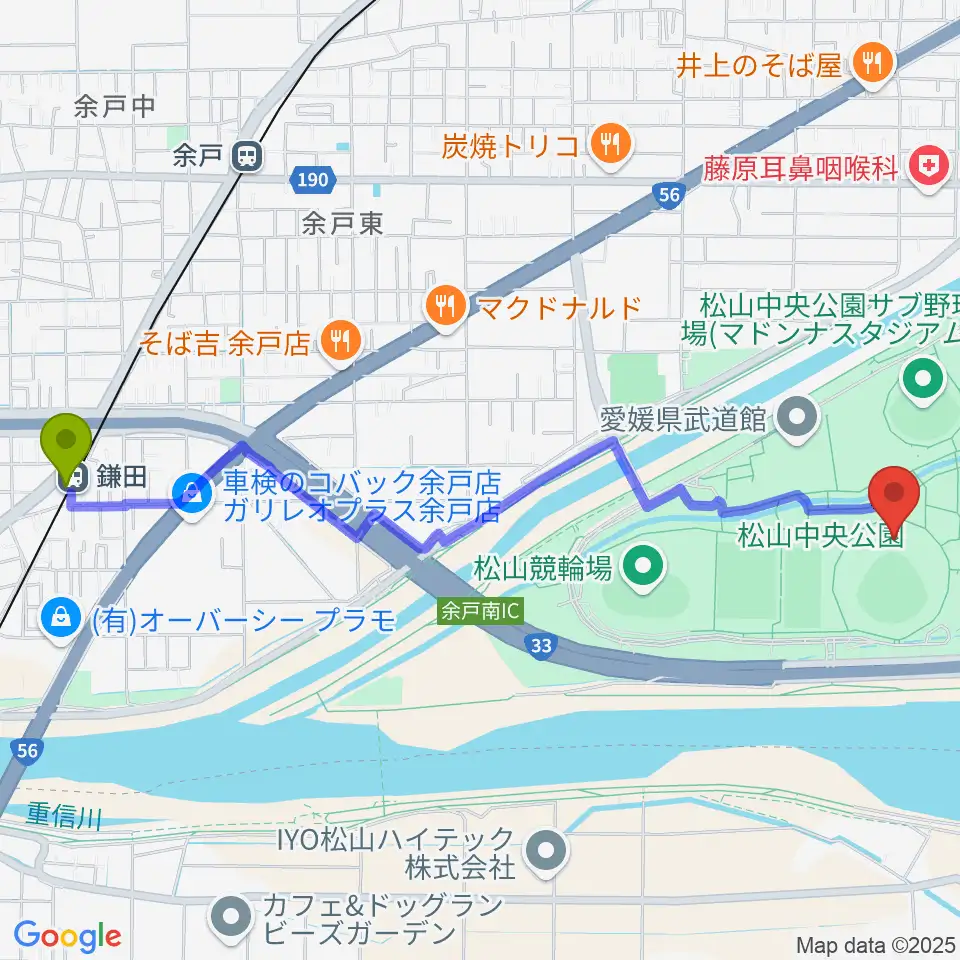 鎌田駅から坊っちゃんスタジアムへのルートマップ地図