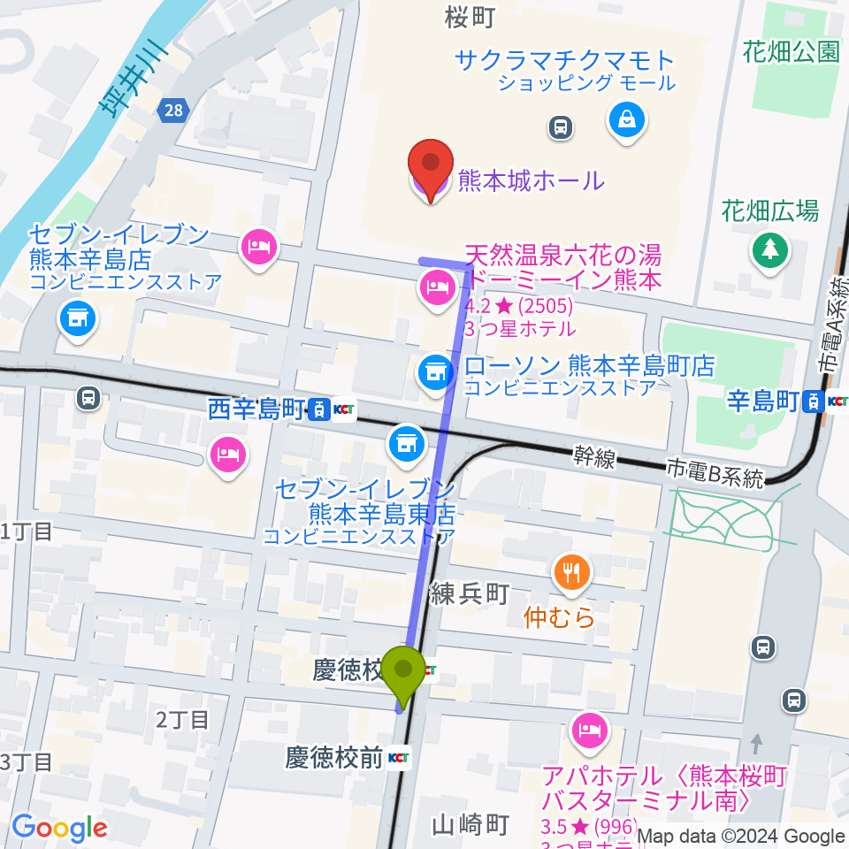 慶徳校前駅から熊本城ホールへのルートマップ地図