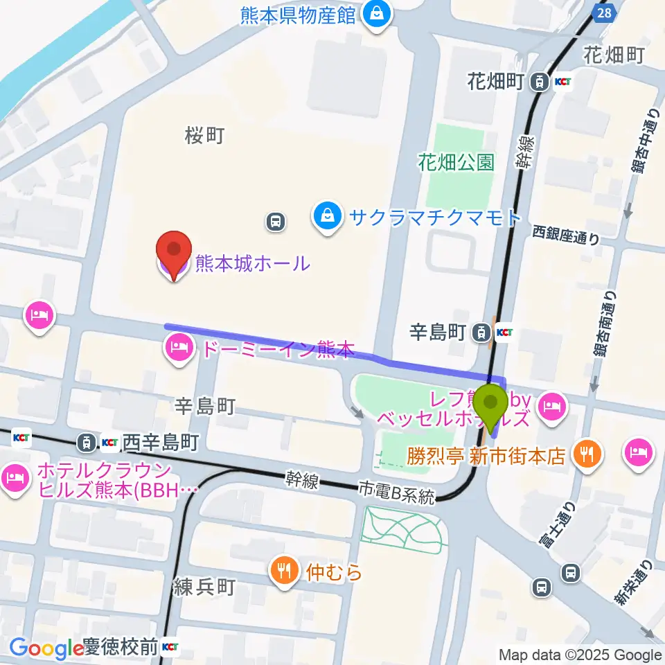 辛島町駅から熊本城ホールへのルートマップ地図