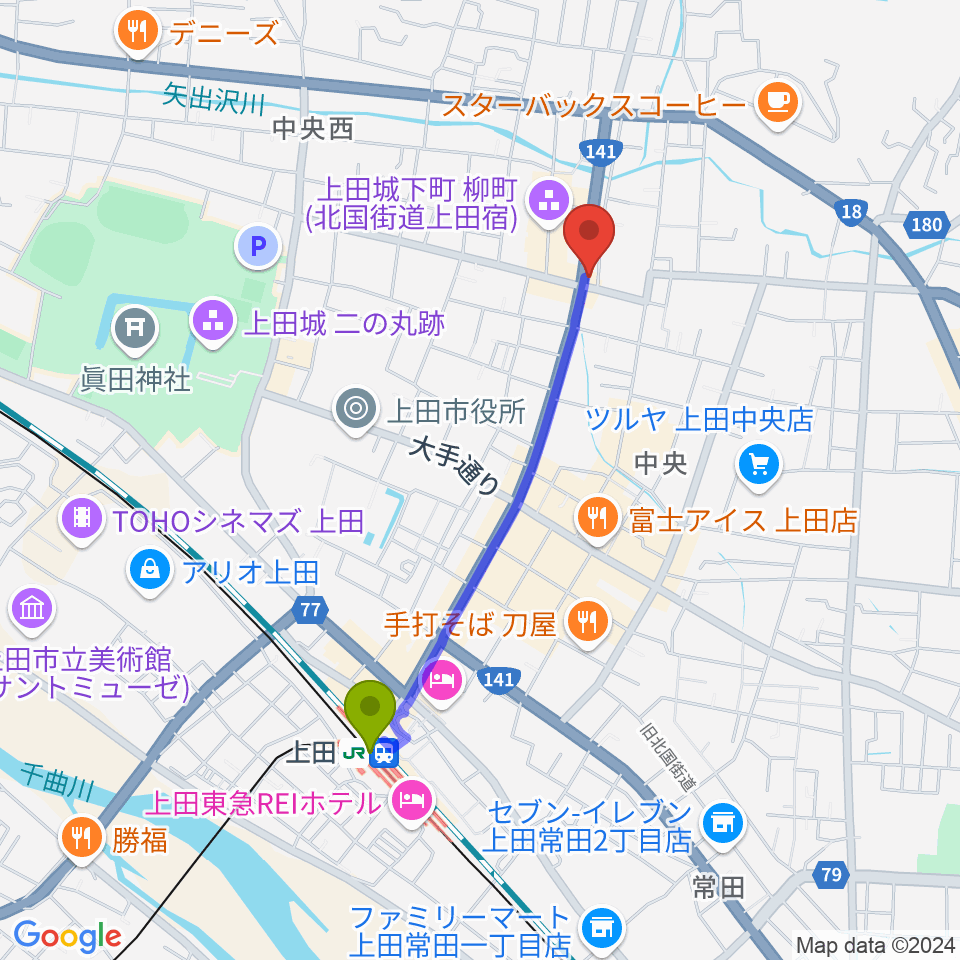 上田ラディウスの最寄駅上田駅からの徒歩ルート（約17分）地図