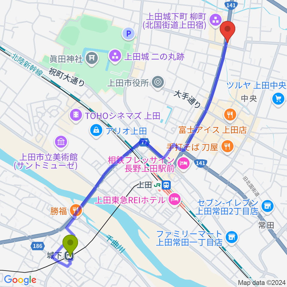 城下駅から上田ラディウスへのルートマップ地図