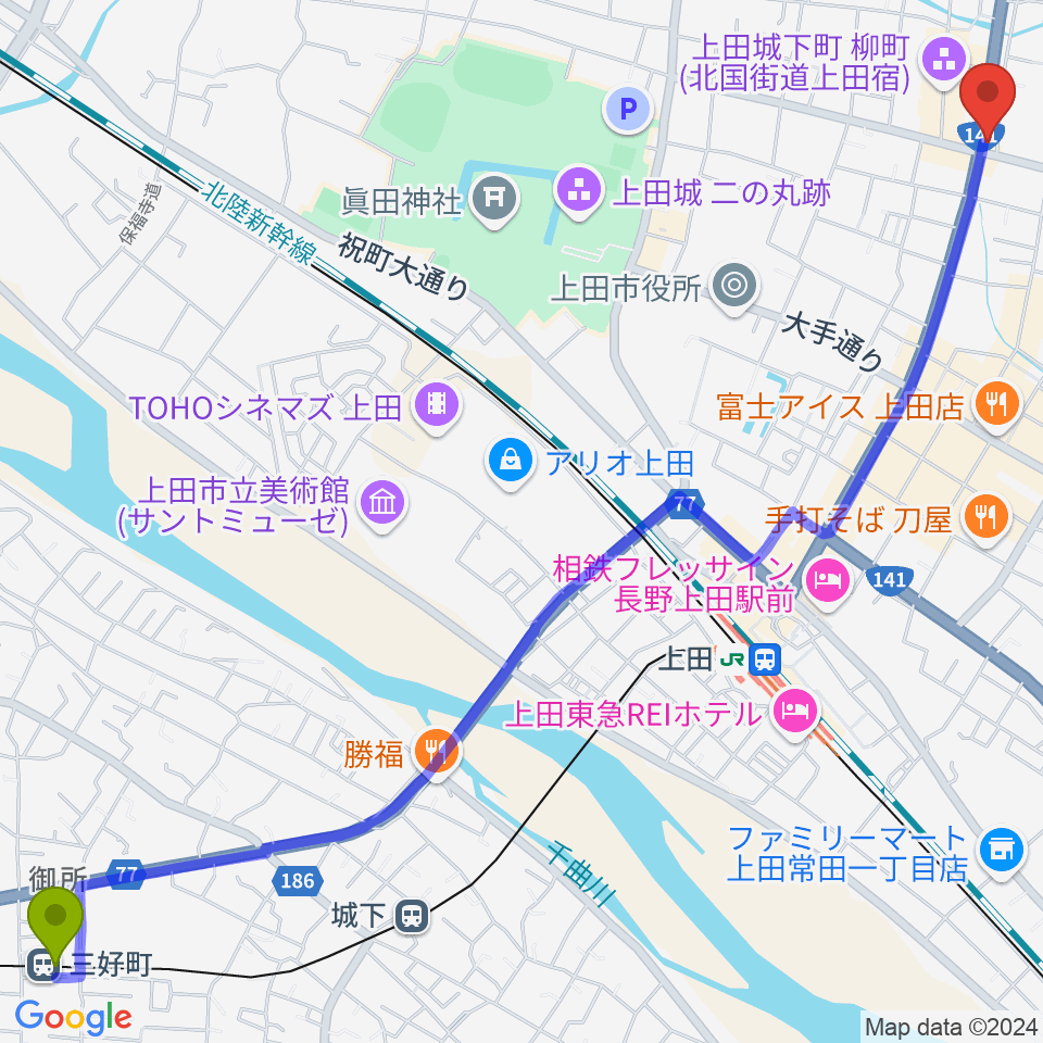 三好町駅から上田ラディウスへのルートマップ地図