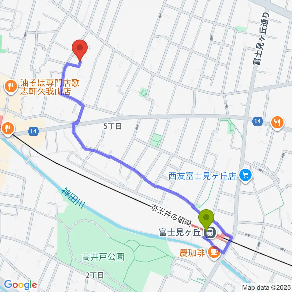 富士見ヶ丘駅からA-durバイオリン・チェロ教室へのルートマップ地図
