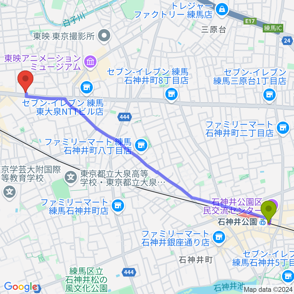 石神井公園駅から大泉学園 in F（インエフ）へのルートマップ地図