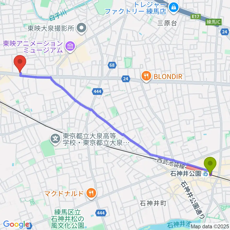 石神井公園駅から大泉学園 in F（インエフ）へのルートマップ地図