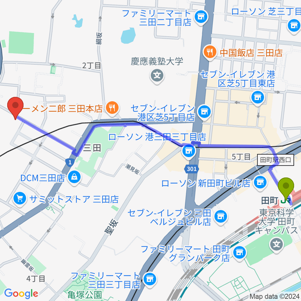 田町駅から白金高輪セレネb2へのルートマップ地図