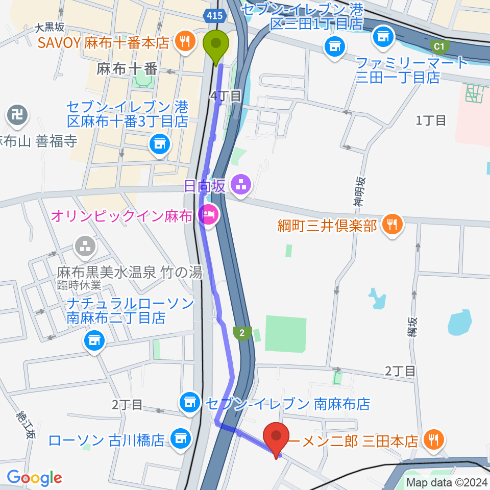 麻布十番駅から白金高輪セレネb2へのルートマップ地図