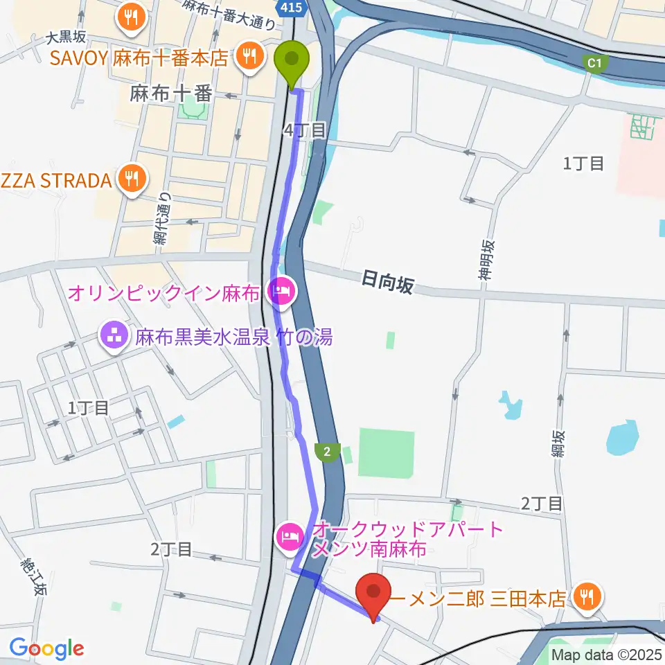 麻布十番駅から白金高輪セレネb2へのルートマップ地図