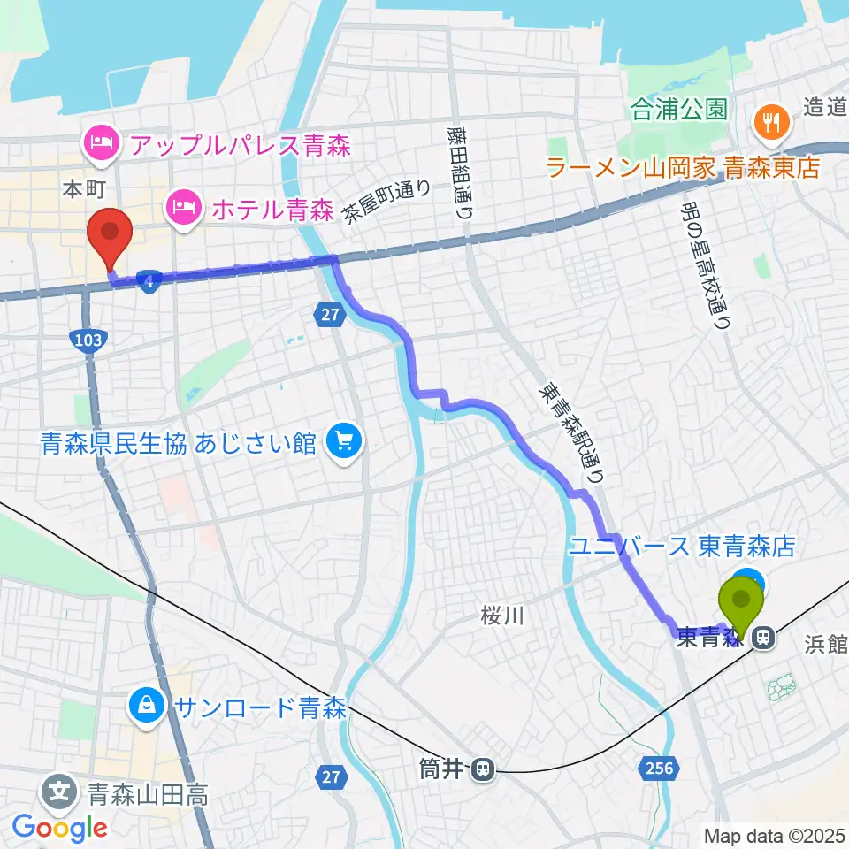 東青森駅からBears青森へのルートマップ地図