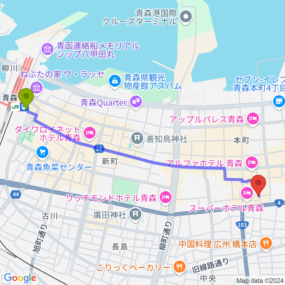 Bears青森の最寄駅青森駅からの徒歩ルート（約25分）地図