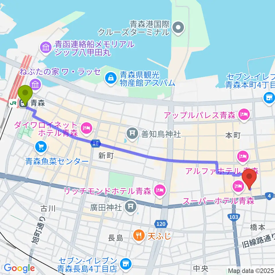 Bears青森の最寄駅青森駅からの徒歩ルート（約25分）地図