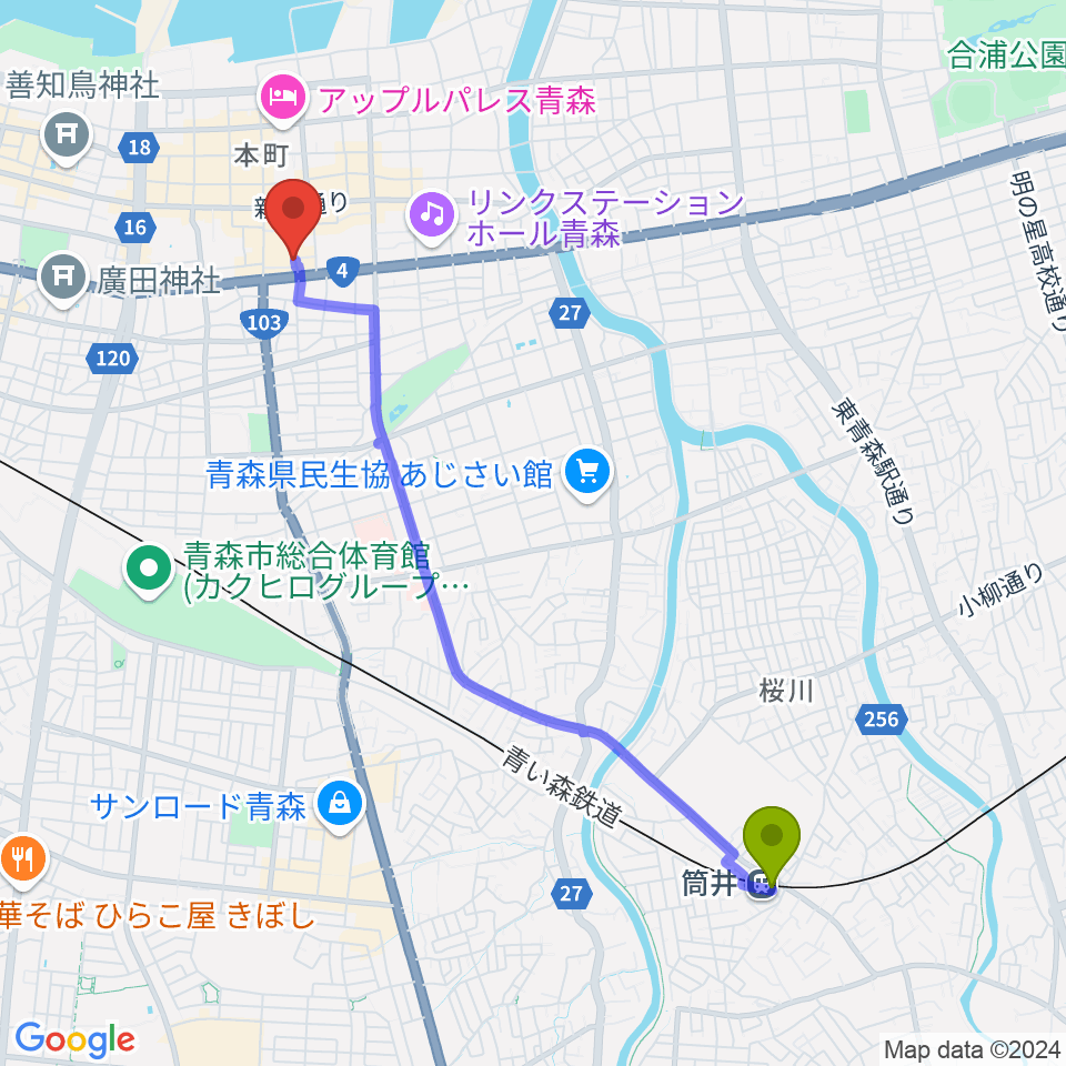 筒井駅からBears青森へのルートマップ地図