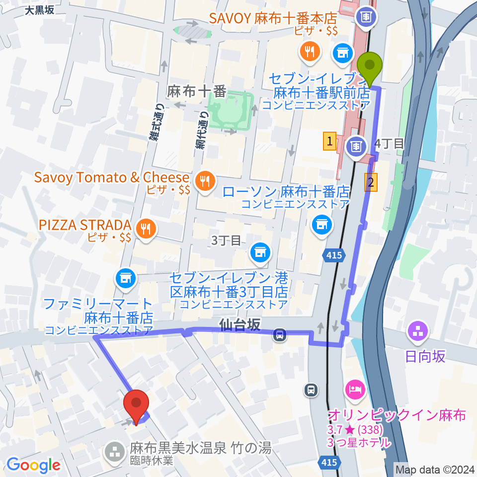 TOKYO麻布ミュージックセンターの最寄駅麻布十番駅からの徒歩ルート（約7分）地図