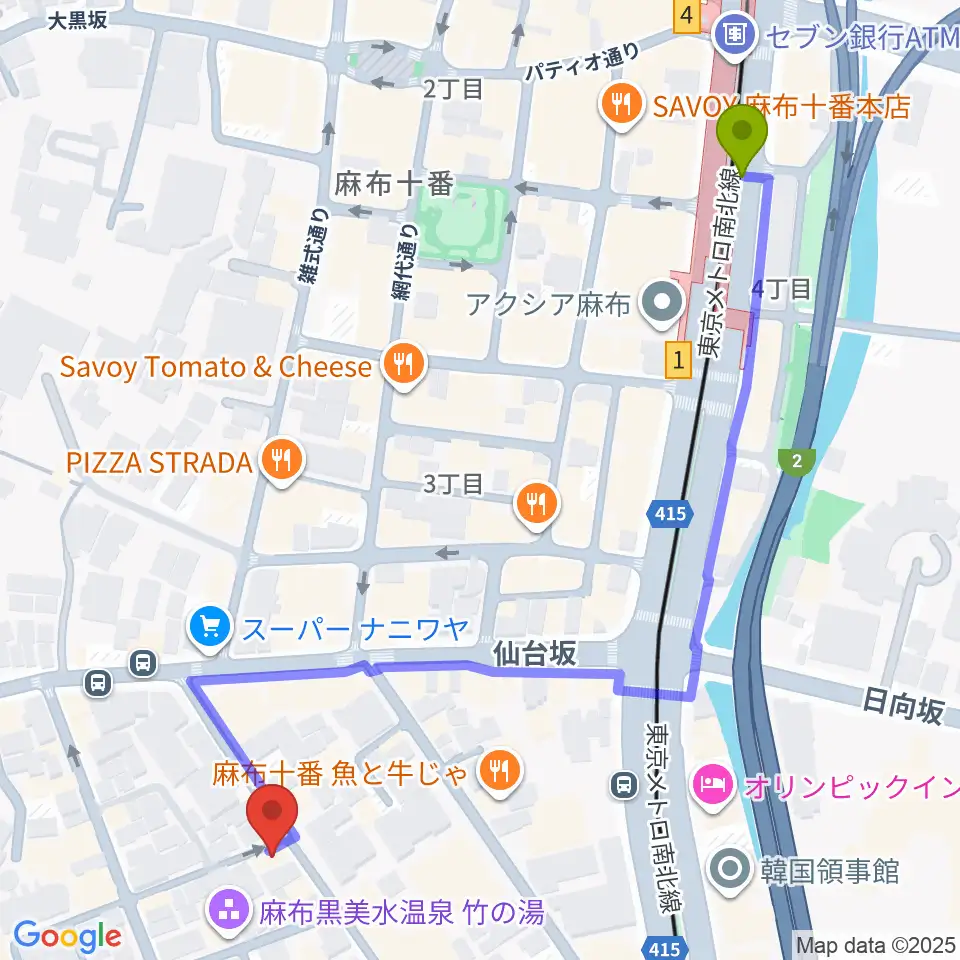 TOKYO麻布ミュージックセンターの最寄駅麻布十番駅からの徒歩ルート（約7分）地図