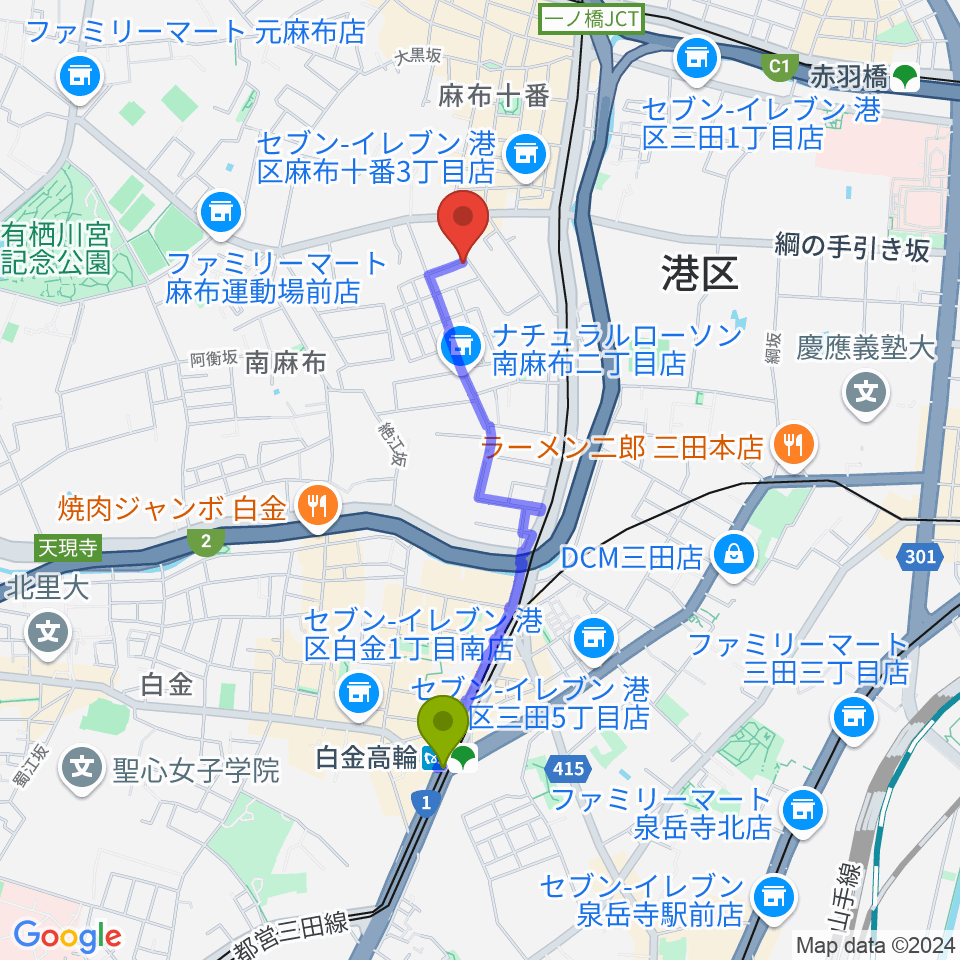 白金高輪駅からTOKYO麻布ミュージックセンターへのルートマップ地図