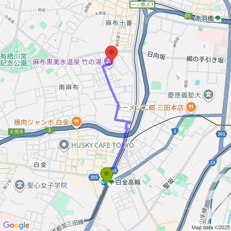 白金高輪駅からTOKYO麻布ミュージックセンターへのルートマップ地図