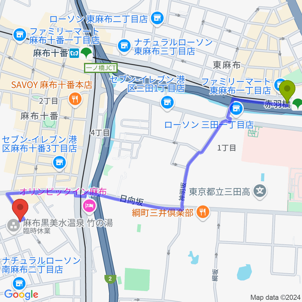 赤羽橋駅からTOKYO麻布ミュージックセンターへのルートマップ地図