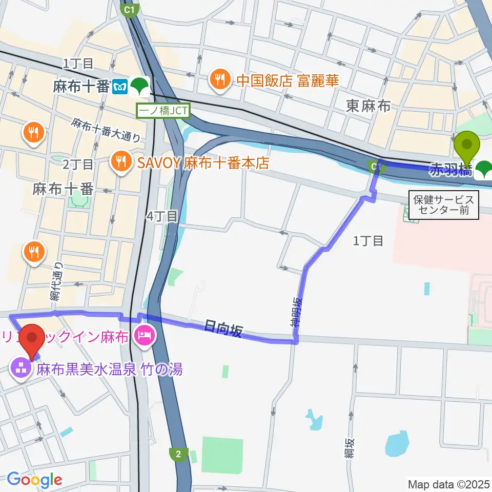 赤羽橋駅からTOKYO麻布ミュージックセンターへのルートマップ地図