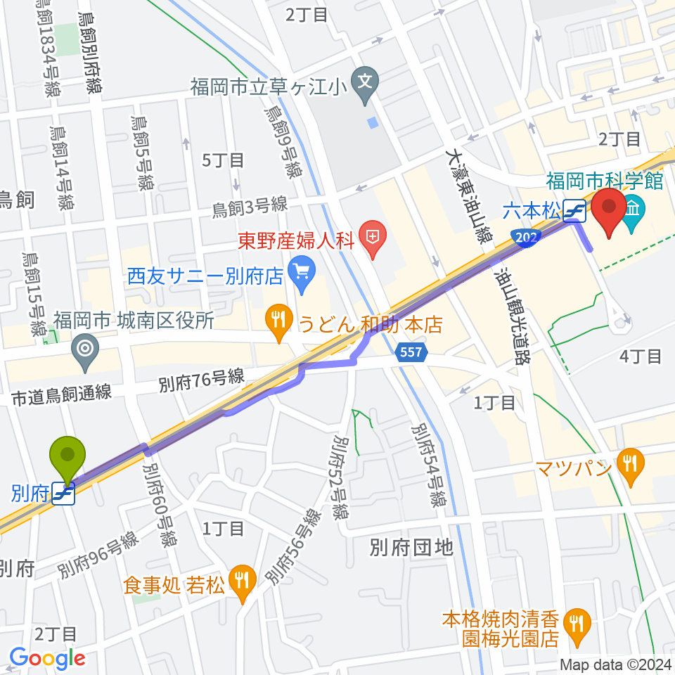 別府駅から福岡市科学館へのルートマップ地図