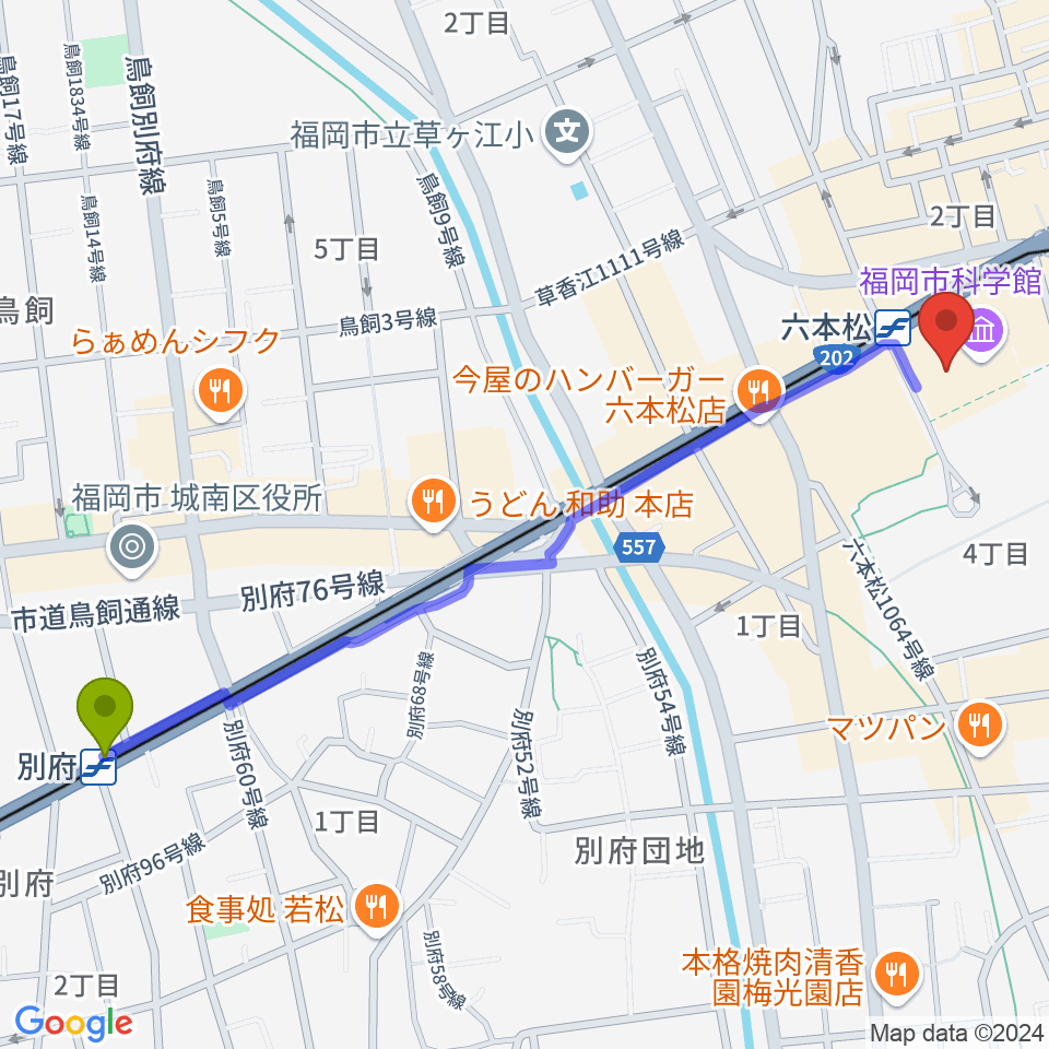 別府駅から福岡市科学館へのルートマップ地図