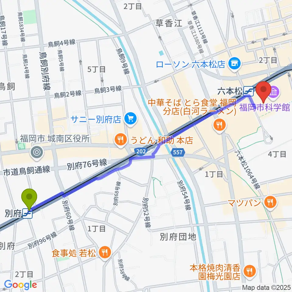 別府駅から福岡市科学館へのルートマップ地図