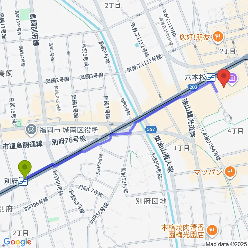 別府駅から福岡市科学館へのルートマップ地図