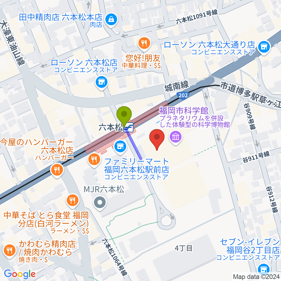 福岡市科学館の最寄駅六本松駅からの徒歩ルート（約1分）地図