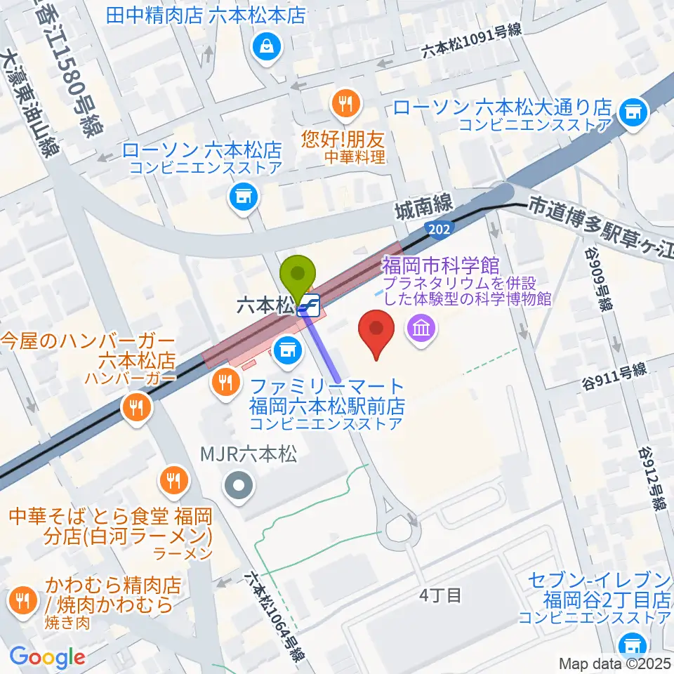 福岡市科学館の最寄駅六本松駅からの徒歩ルート（約1分）地図