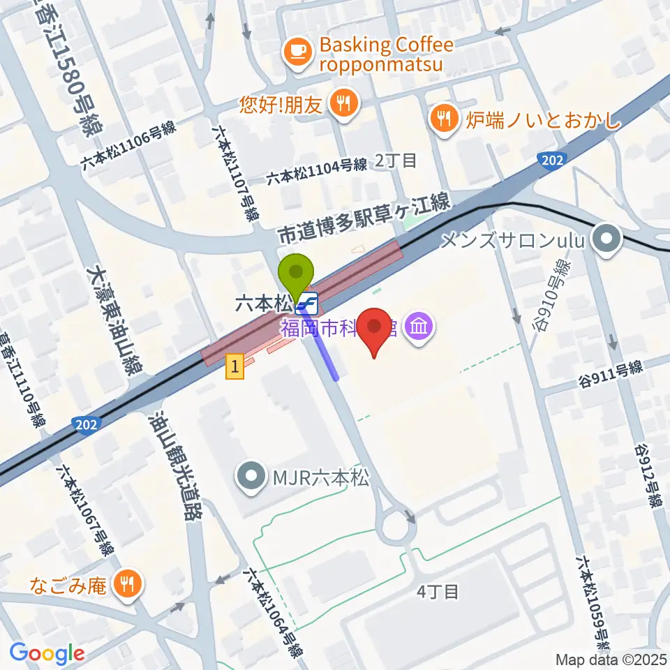 福岡市科学館の最寄駅六本松駅からの徒歩ルート（約1分）地図
