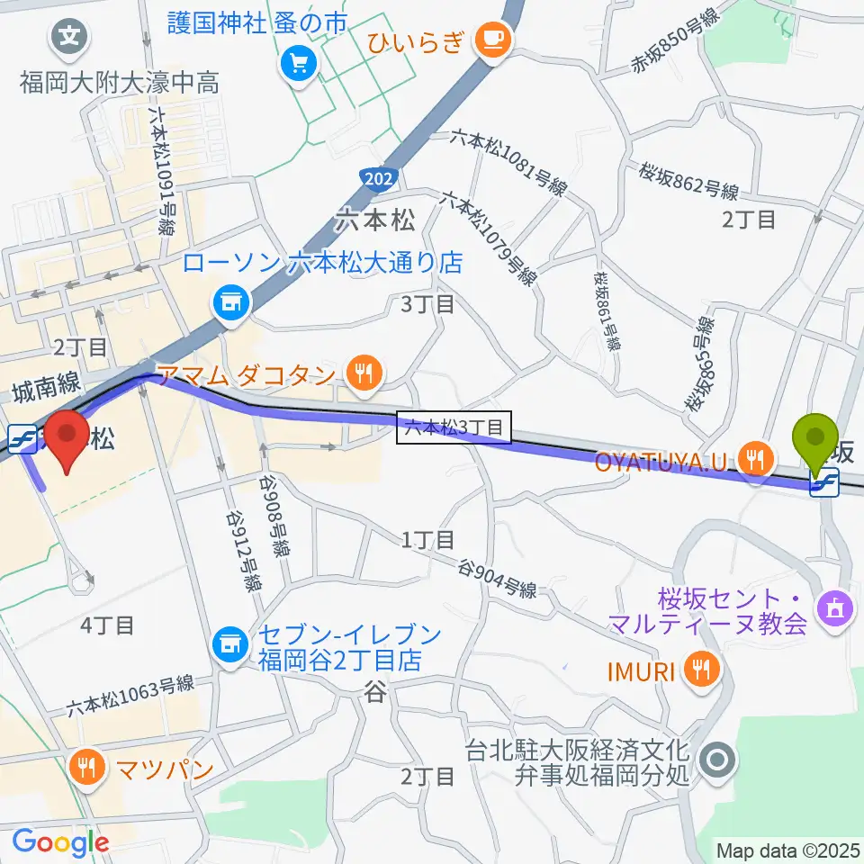 桜坂駅から福岡市科学館へのルートマップ地図