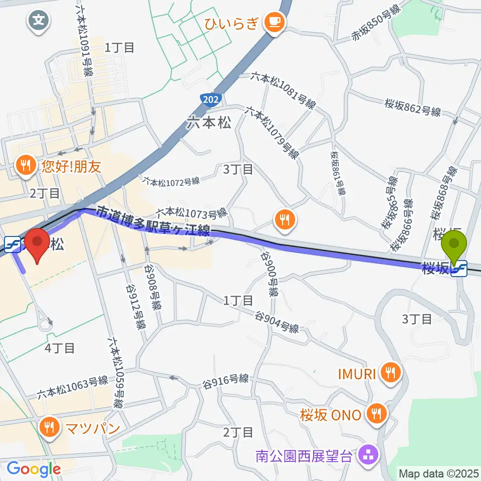 桜坂駅から福岡市科学館へのルートマップ地図