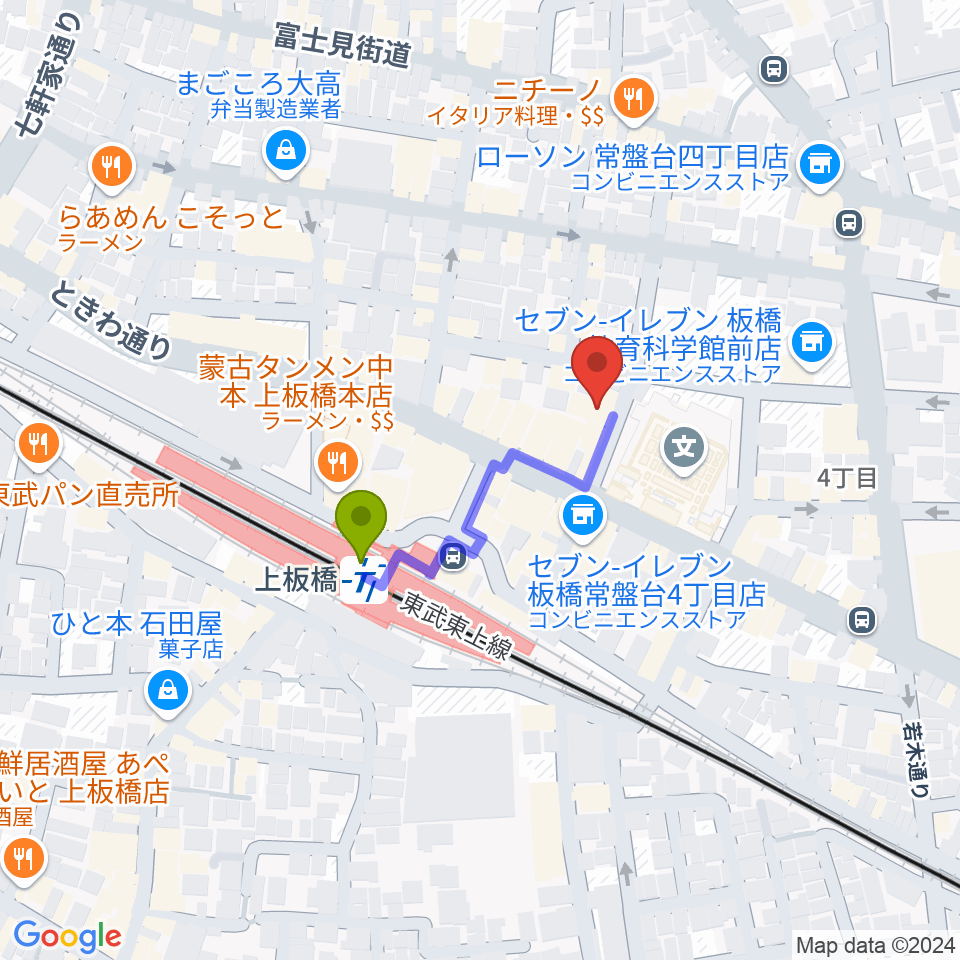 Kボイススタジオの最寄駅上板橋駅からの徒歩ルート（約2分）地図