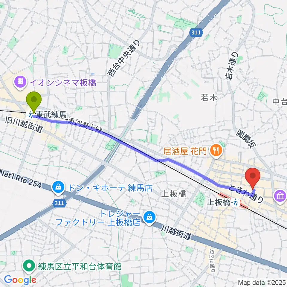 東武練馬駅からKボイススタジオへのルートマップ地図