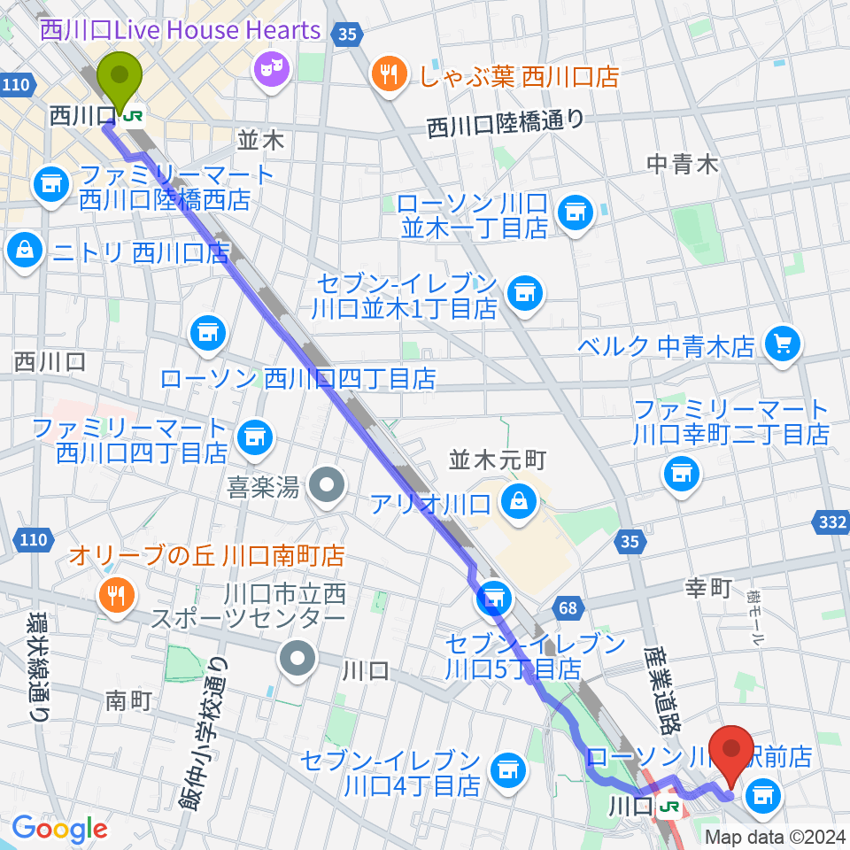 西川口駅から島村楽器 かわぐちキャスティ店へのルートマップ地図