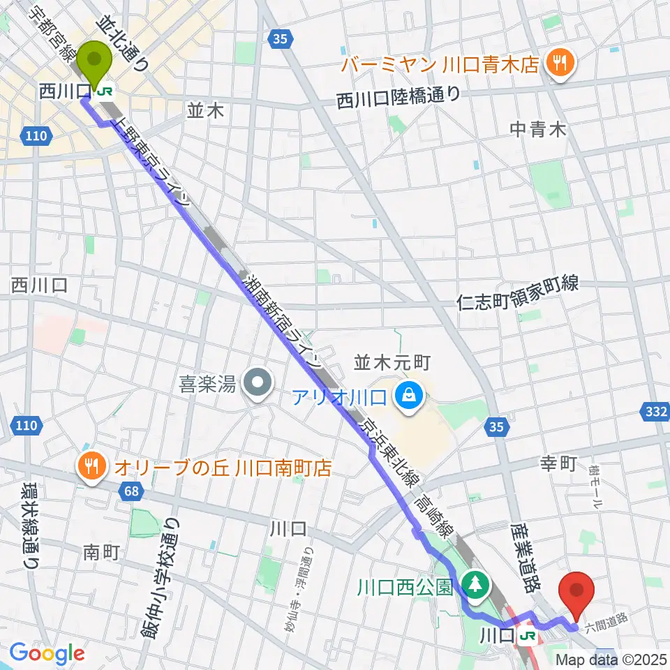 西川口駅から島村楽器 かわぐちキャスティ店へのルートマップ地図