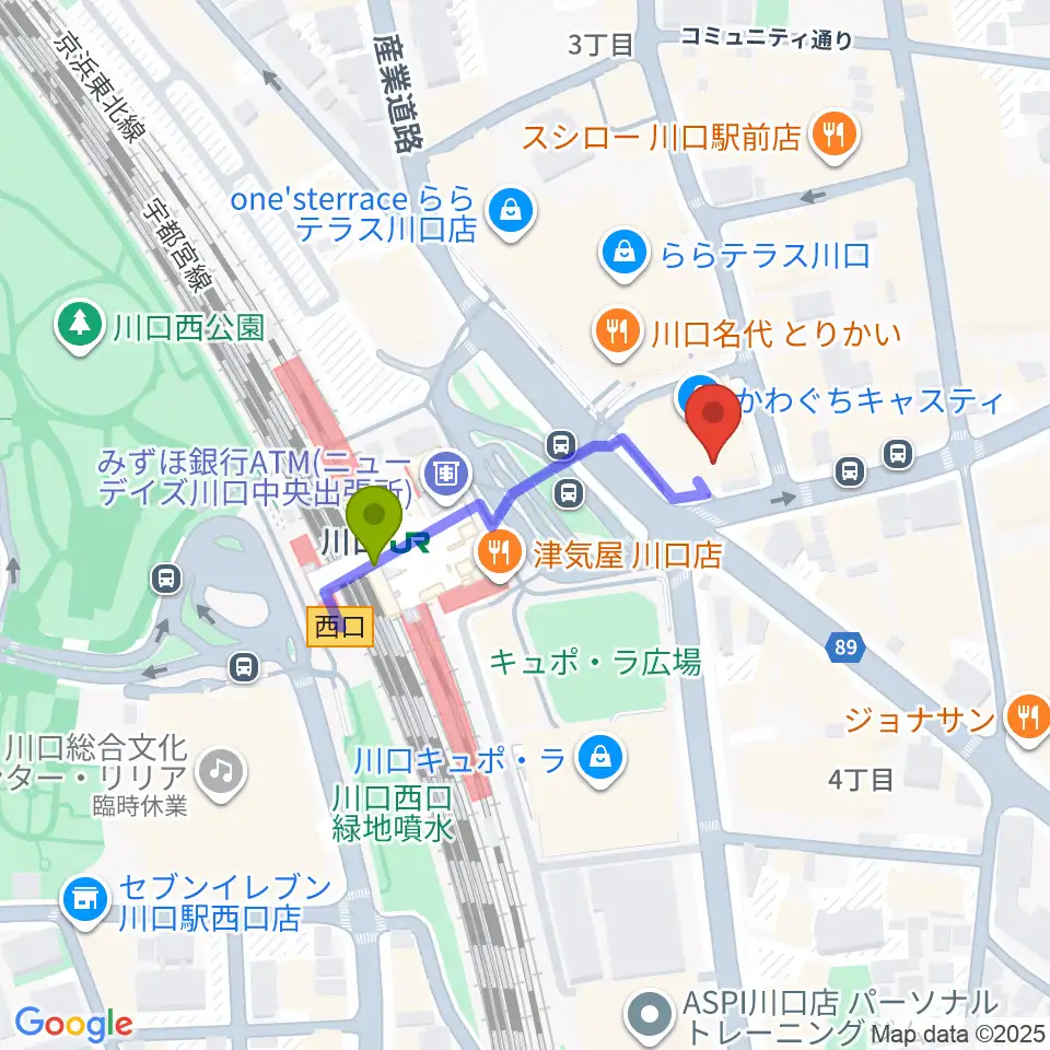 島村楽器 かわぐちキャスティ店の最寄駅川口駅からの徒歩ルート（約3分）地図