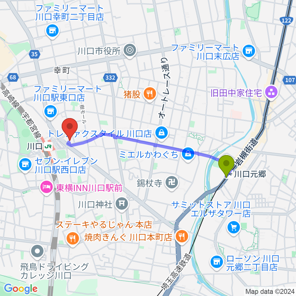 川口元郷駅から島村楽器 かわぐちキャスティ店へのルートマップ地図