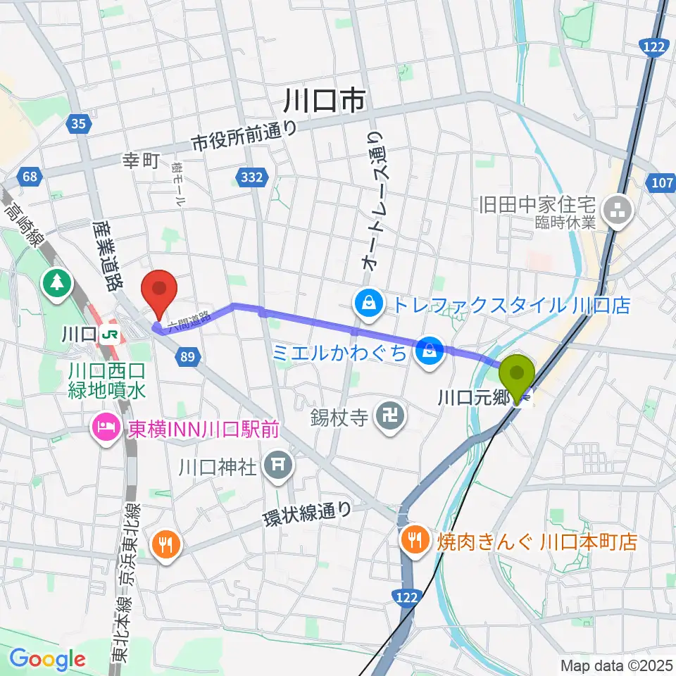 川口元郷駅から島村楽器 かわぐちキャスティ店へのルートマップ地図