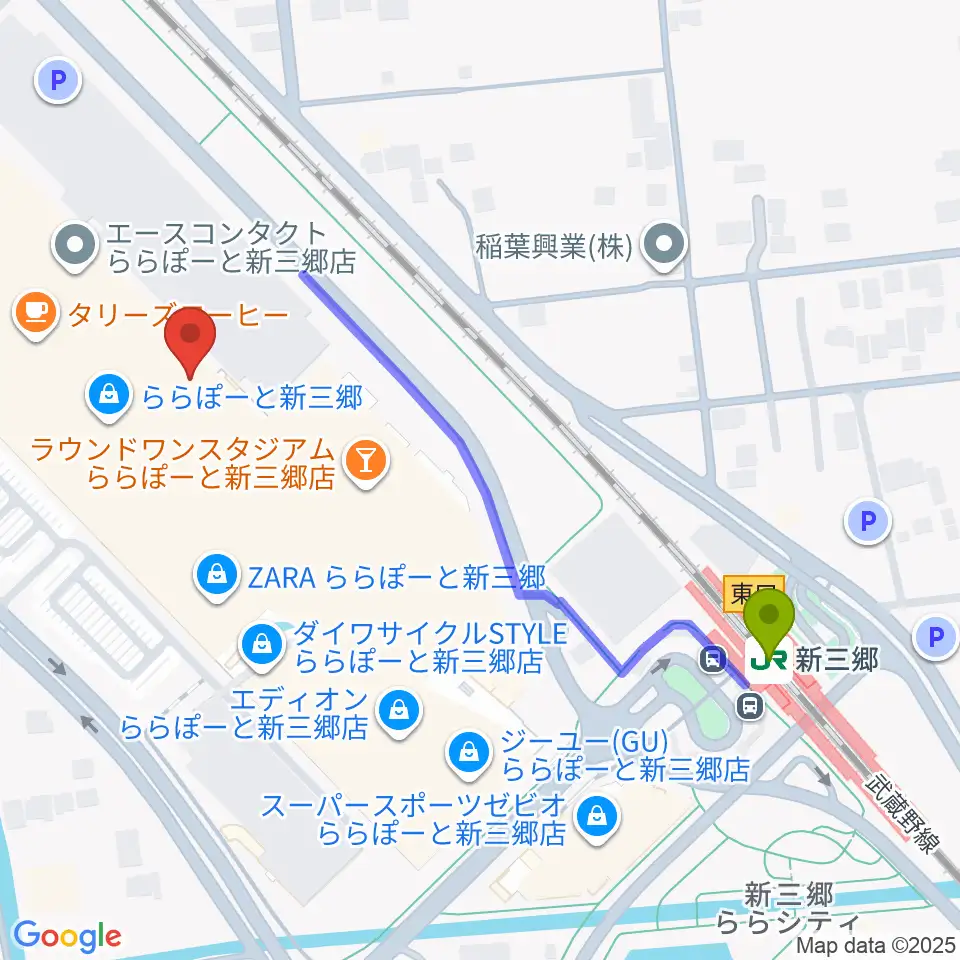 島村楽器 ららぽーと新三郷店の最寄駅新三郷駅からの徒歩ルート（約5分）地図