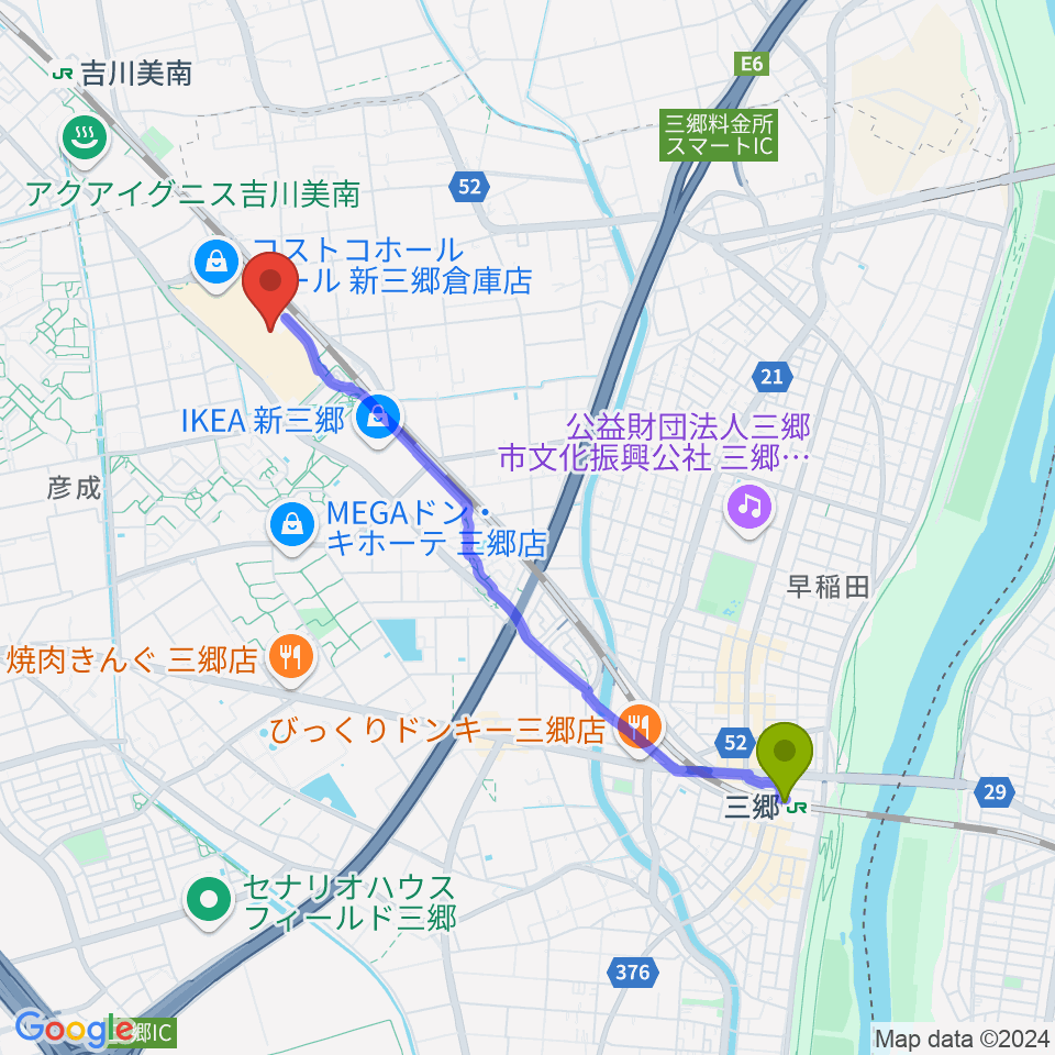 三郷駅から島村楽器 ららぽーと新三郷店へのルートマップ地図