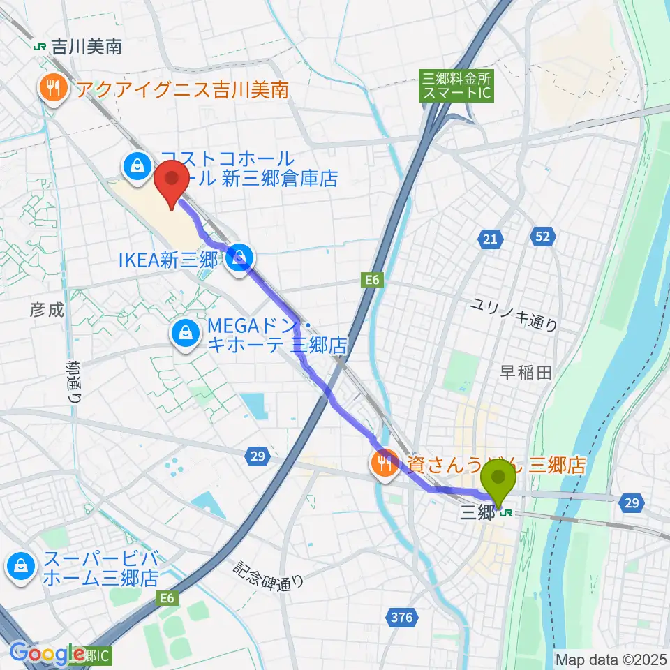 三郷駅から島村楽器 ららぽーと新三郷店へのルートマップ地図
