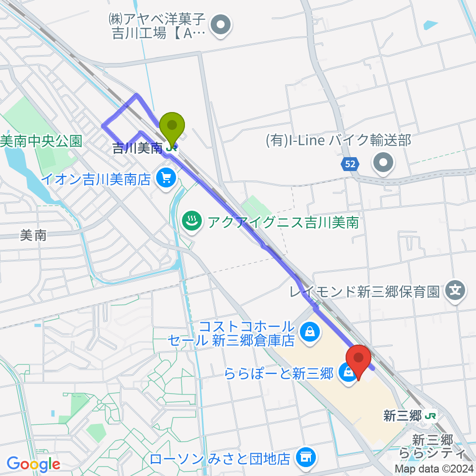 吉川美南駅から島村楽器 ららぽーと新三郷店へのルートマップ地図