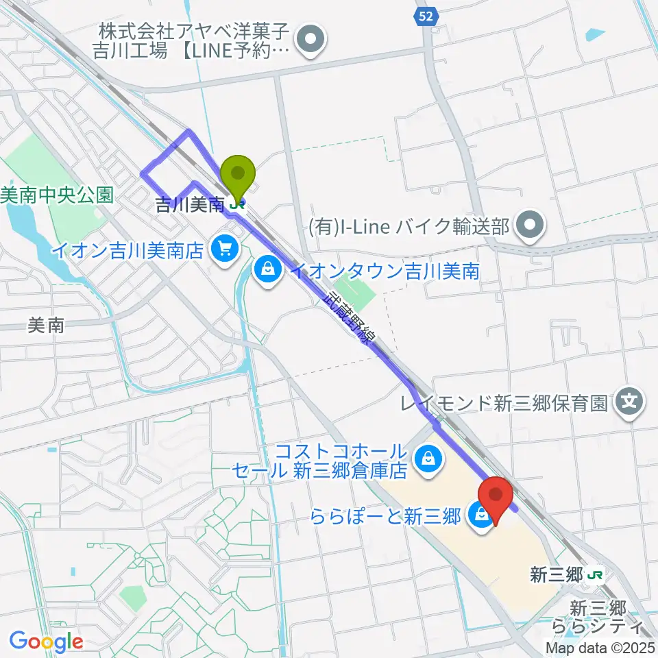 吉川美南駅から島村楽器 ららぽーと新三郷店へのルートマップ地図