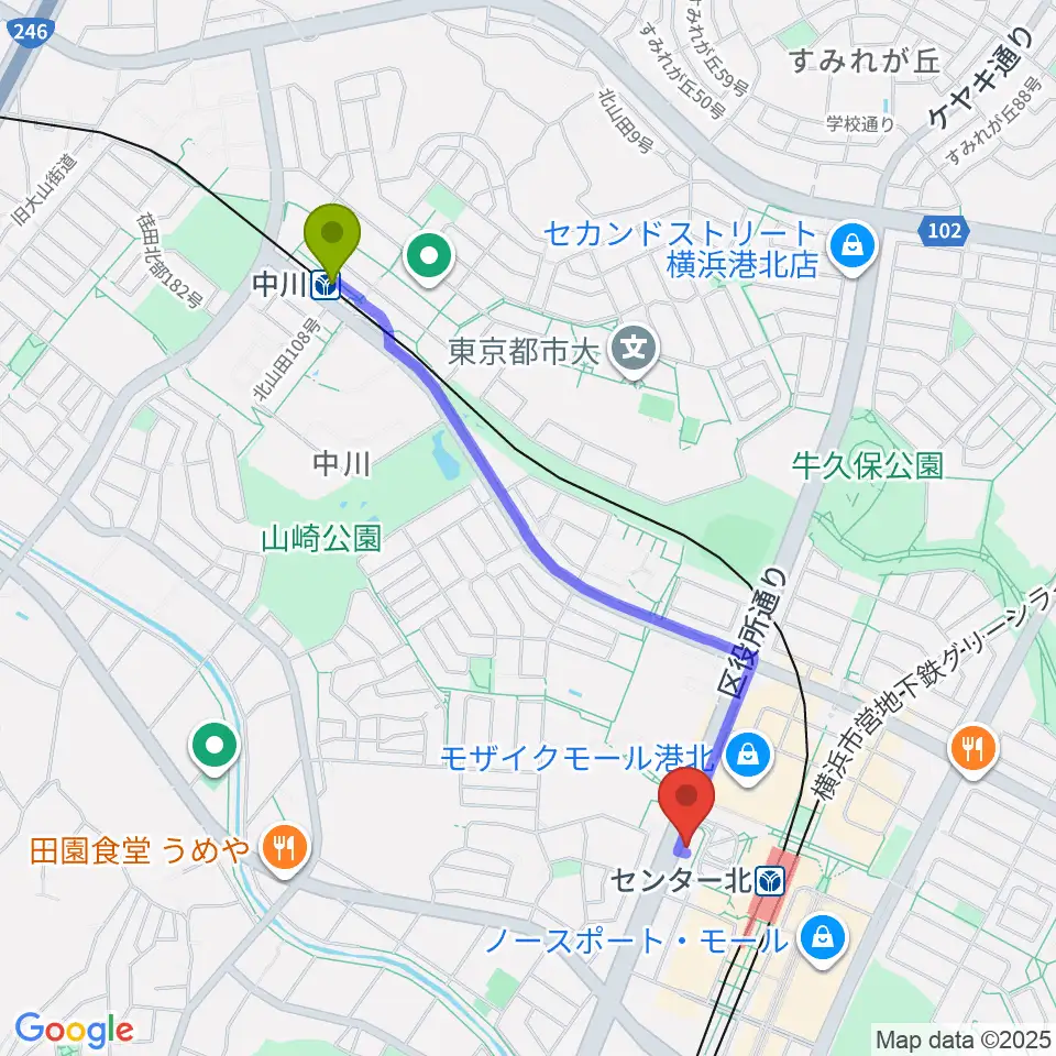 中川駅からT-Music Yokohamaへのルートマップ地図