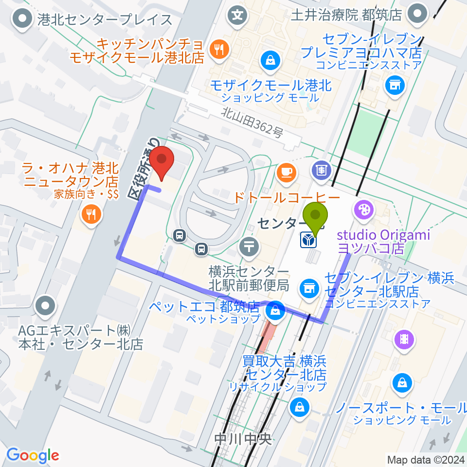 T-Music Yokohamaの最寄駅センター北駅からの徒歩ルート（約3分）地図