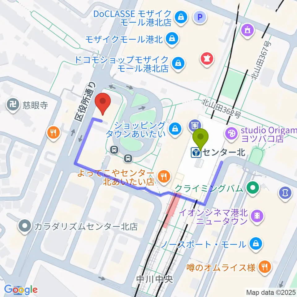 T-Music Yokohamaの最寄駅センター北駅からの徒歩ルート（約3分）地図