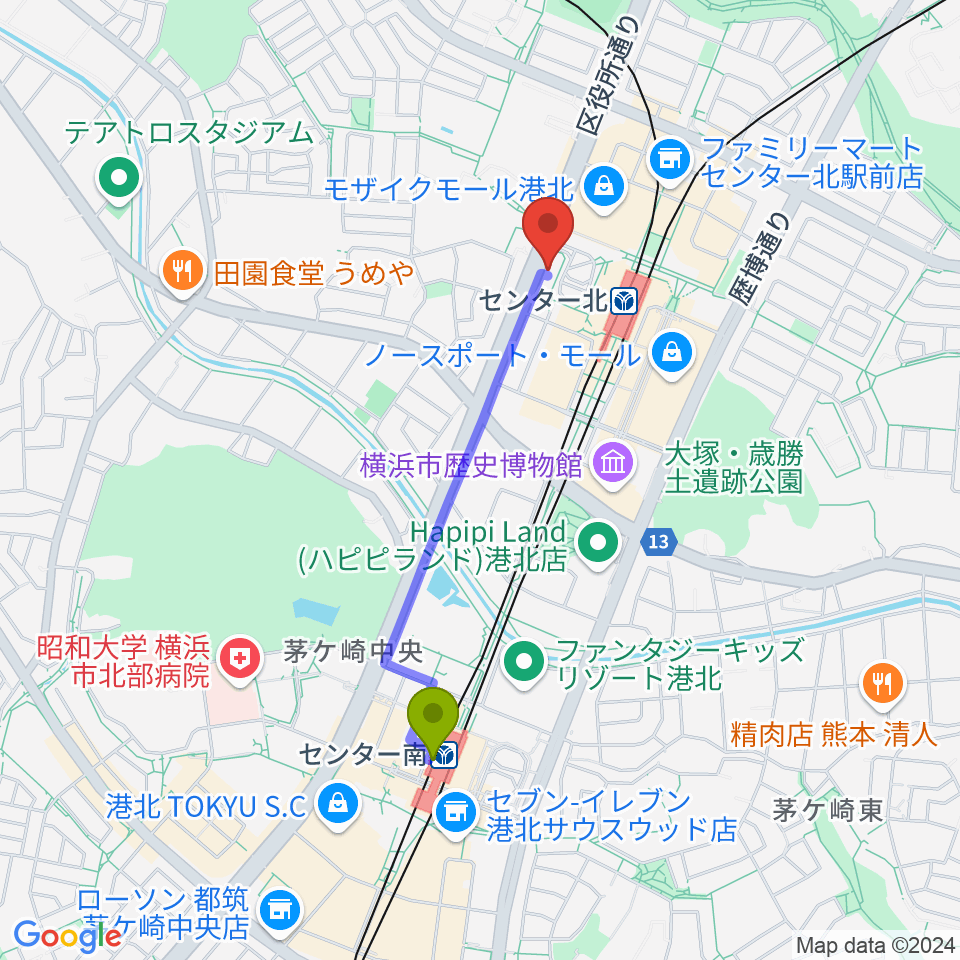 センター南駅からT-Music Yokohamaへのルートマップ地図