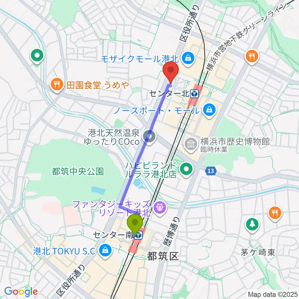 センター南駅からT-Music Yokohamaへのルートマップ地図